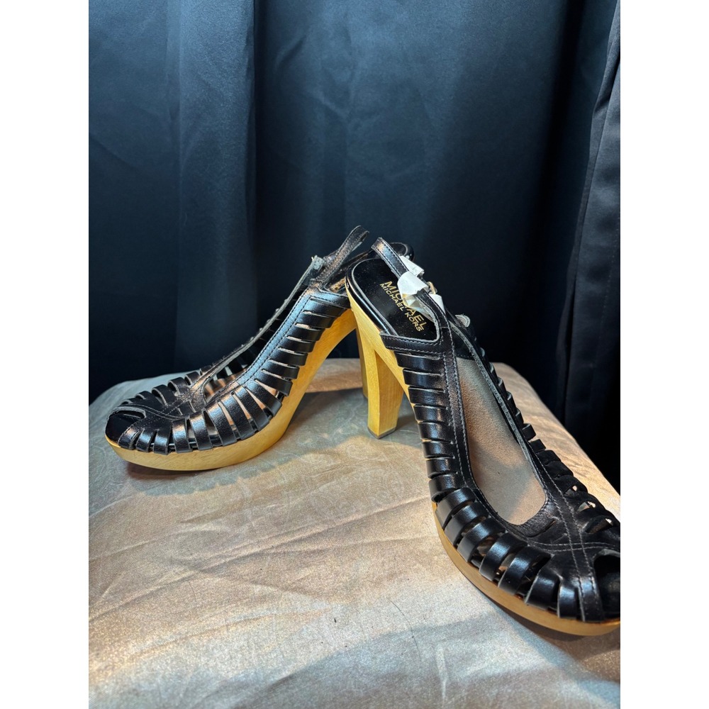 Michael Kors Black Leather Wood Platform Slingback Sandals Heels Size 10M